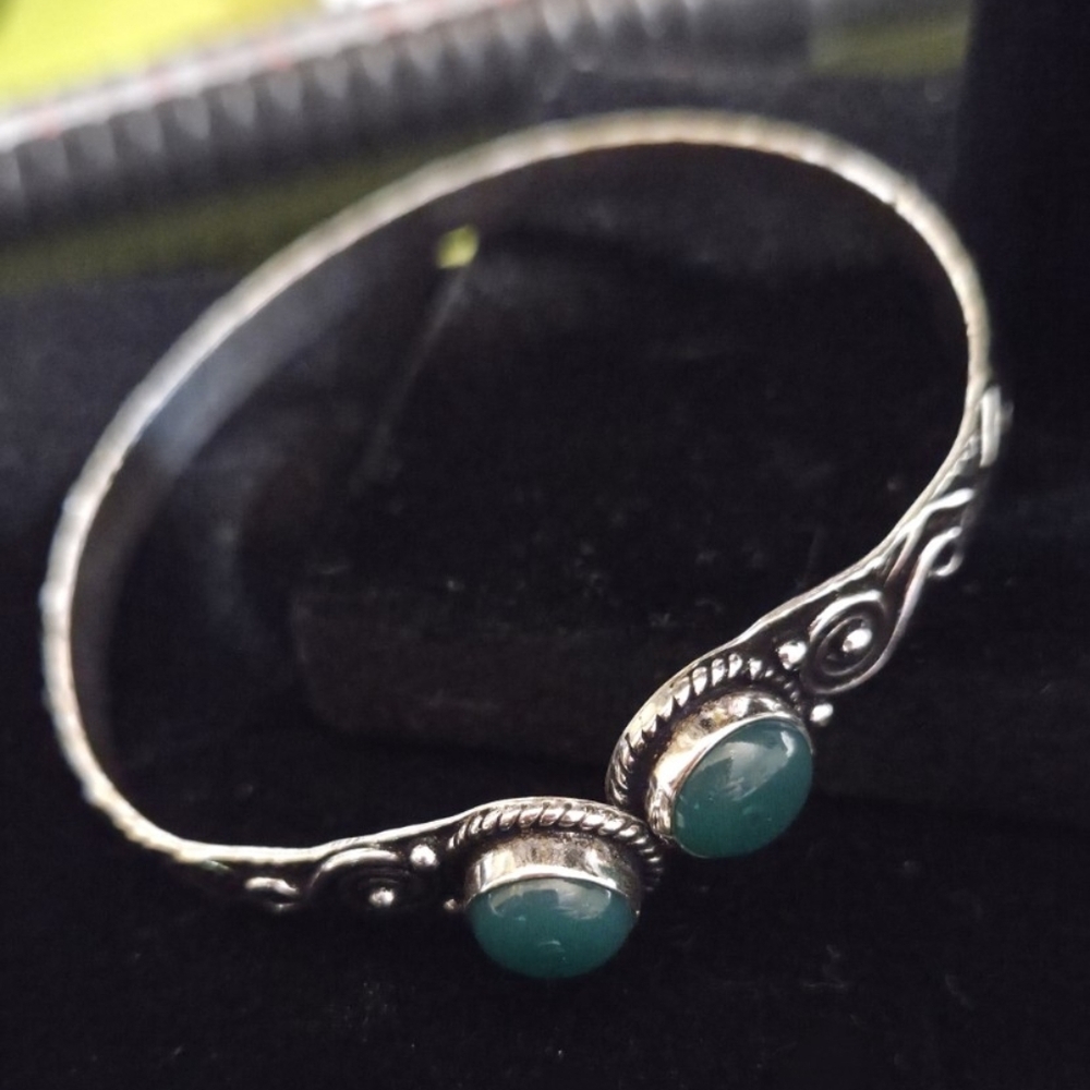 NWOT Natural Green Onyx and Silver Adjustable Cuff Handmade Bangle Bracelet